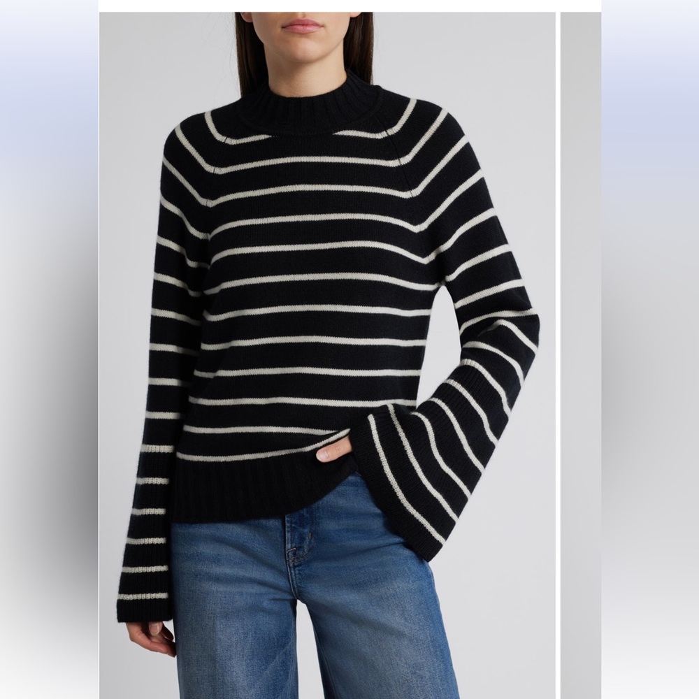 PAIGE Laurel Striped Fluted Sleeve Black and Cream Turtleneck Sweater